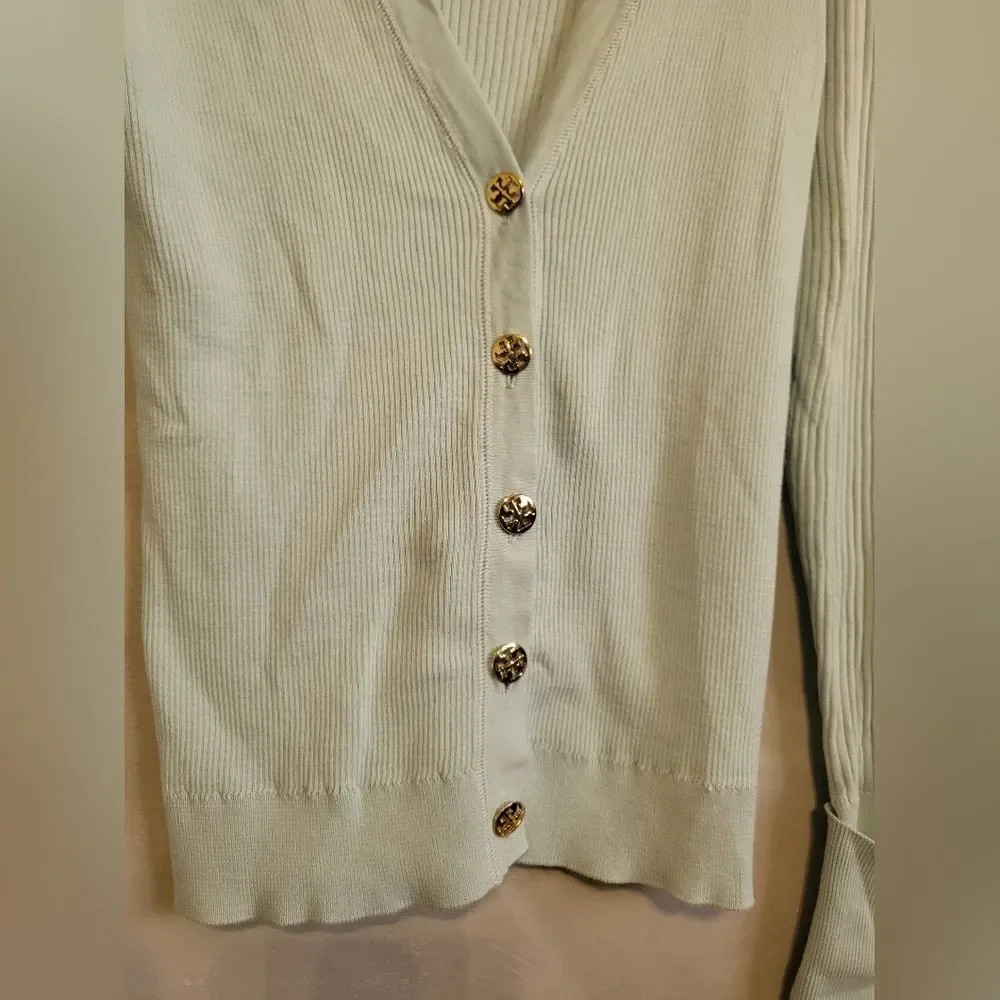Tory Burch Simone Ribbed Button Down Cardigan Blue Gold Cotton Sz S